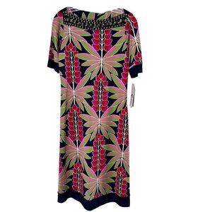 Peter Nygard Dress Silk Colorful Tropical Gemstone Boat Neck Size S Shift Boho